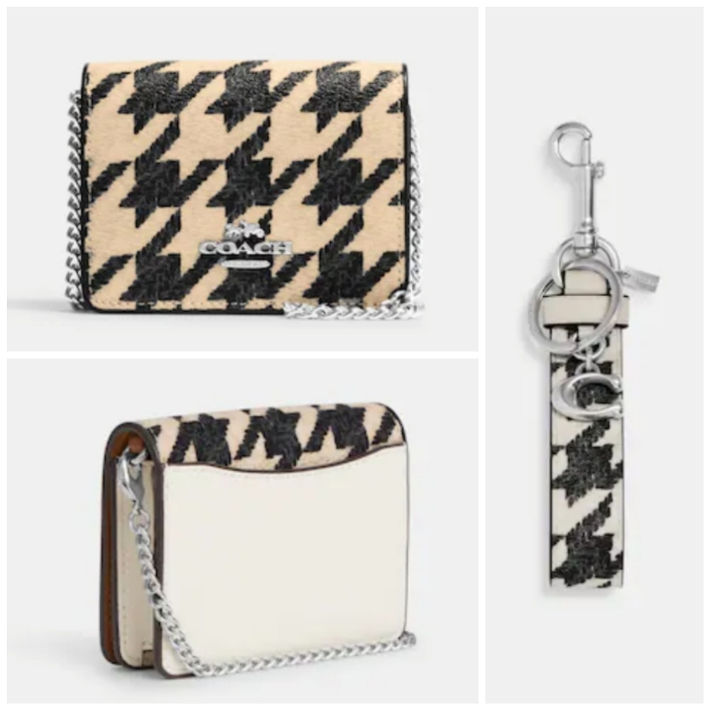 👀50% OFF 👀 NWT‼️Coach Houndstooth Mini Wallet w/ Chain & Loop Bag Charm Set